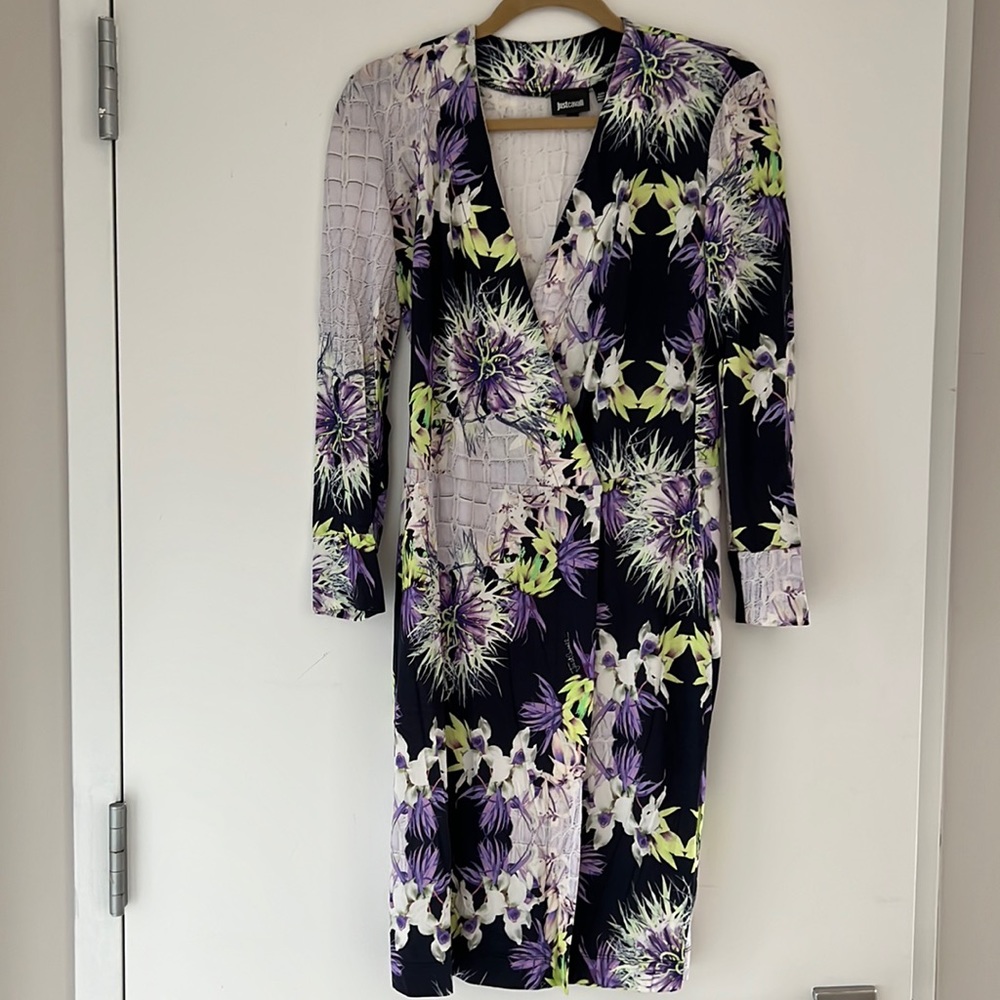 Just Cavalli Floral Print Long Sleeved Dress with Self Belt Sz M EUC